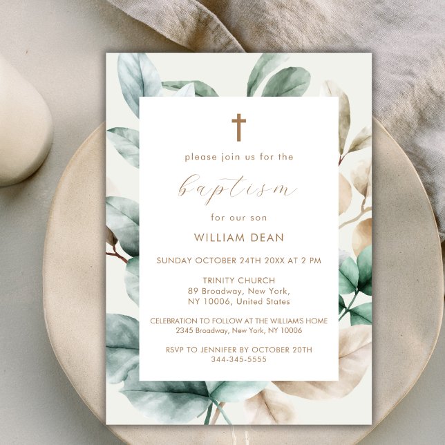 Invitación La vegetación moderna del Boho cruza el bautismo (Modern Boho Greenery Cross Baptism Invitation)