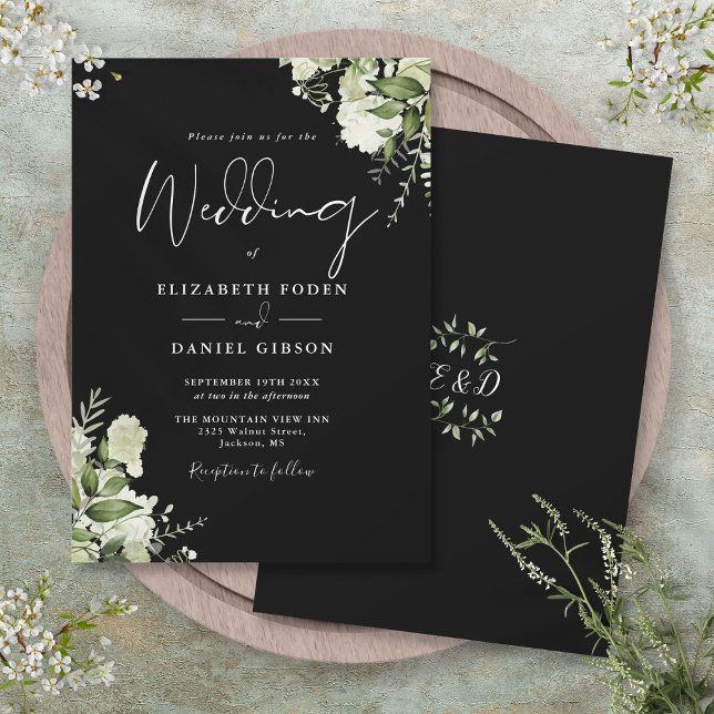 Invitación La Vegetación Negra Y Blanca Deja Al Boda Monogram (Botanical Watercolor Roses Garland Address Label)