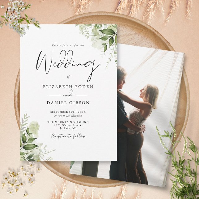 Invitación La vegetación rústica deja a un elegante Boda foto (Rustic Greenery Leaves Elegant Photo Wedding Invitation)