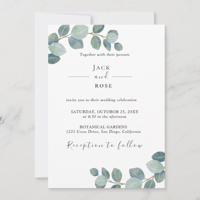 Invitación La vegetación rústica Eucalyptus Boda de verano. (Anverso)