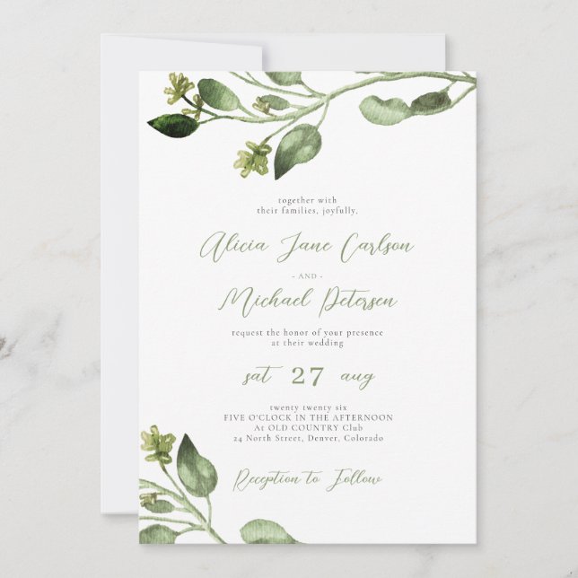 Invitación La vegetación simple deja un boda de guiones elega (Anverso)