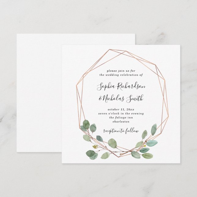 Invitación La vegetación simple del eucalipto | Rosa Gold Geo (Anverso / Reverso)