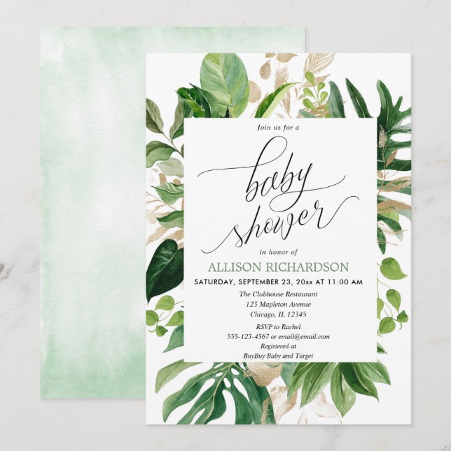 Invitación La vegetación tropical y la elegante ducha de bebé (Anverso / Reverso)