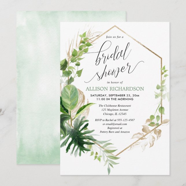 Invitación La vegetación tropical y la elegante ducha dorada  (Anverso / Reverso)