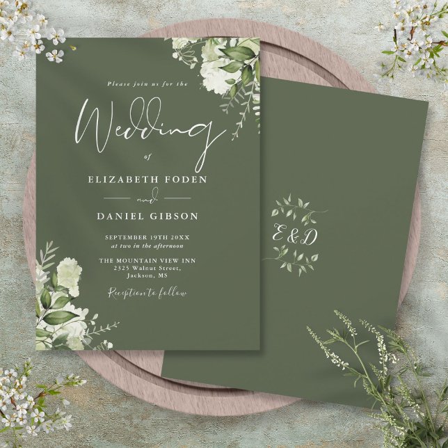 Invitación La vegetación verde oliva deja al Boda del monogra (Olive Green Greenery Leaves Monogram Wedding Invitation)