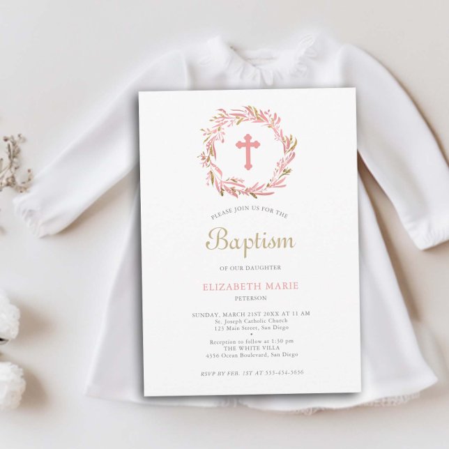 Invitación La vegetación y el bautismo entre niñas de oro de  (greenery baby girl baptism christening invitation botanical wreath cross gold coral white elegant )