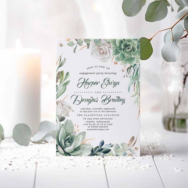 Invitación La vegetación y el oro | Fiesta de compromiso de j (Succulents and White Flowers Greenery Engagement Party Invitations)