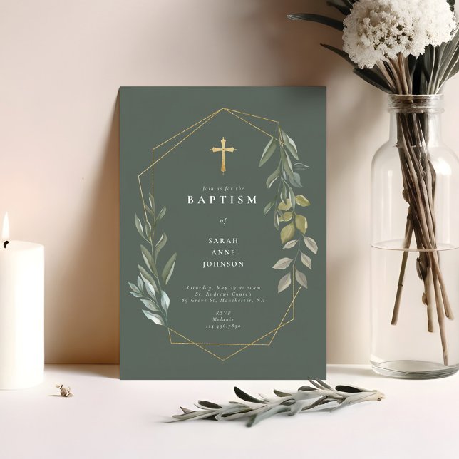 Invitación La vegetación y el oro Terárium geométrico bautizo (Greenery & Gold Geometric Terrarium Baby Baptism Invitation)