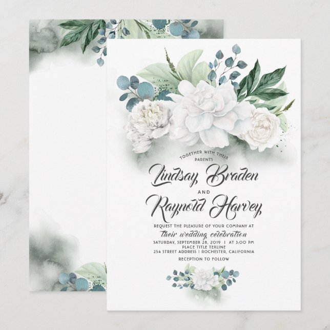 Invitación La vegetación y las flores blancas Boda elegante P (Anverso / Reverso)