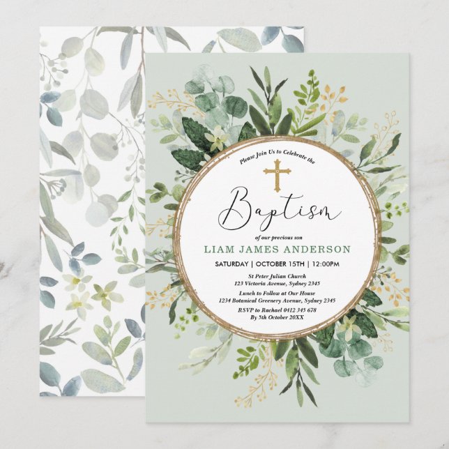 Invitación La verde botánica moderna El bautismo de oro (Anverso / Reverso)
