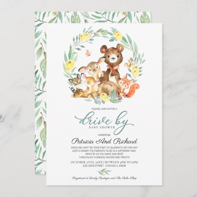 Invitación La Verdor De Los Animales De Woodland La Maneja Ba (Anverso / Reverso)