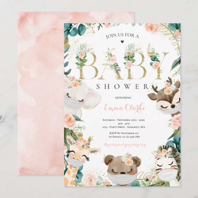 Invitación La Verdor Y Los Animales Safari De Oro Baby Shower (Anverso / Reverso)