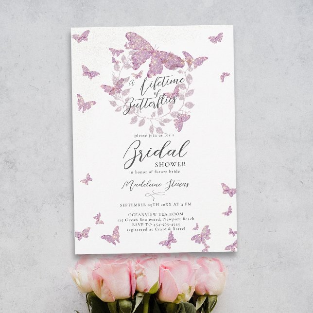 Invitación La vida de las mariposas ducha de novias púrpura d (a lifetime of butterflies purple pink mauve eucalyptus botanical bridal shower invitation garden)