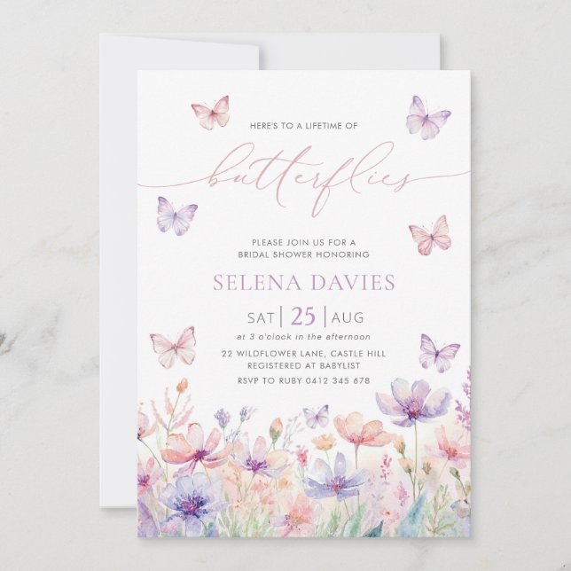 Invitación La vida de las mariposas, la ducha de flores silve (Anverso)