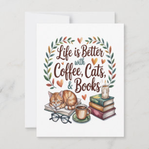 Invitación La vida es mejor con café gatos libros