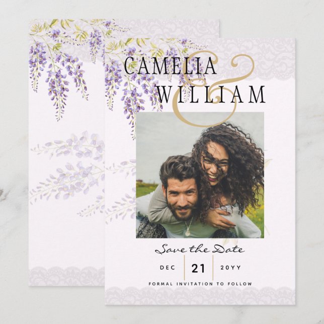 Invitación La Wisteria Púrpura Moderna Boda FOTOGRÁFICA Salva (Anverso / Reverso)