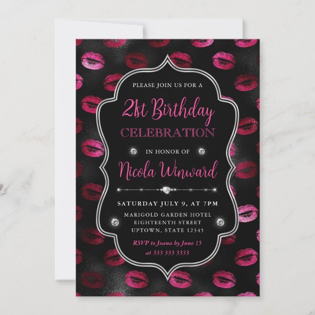Invitación Labial con Brillo Rosa y Negro Cumpleaños 21 (Anverso)