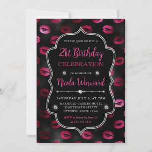 Invitación Labial con Brillo Rosa y Negro Cumpleaños 21
