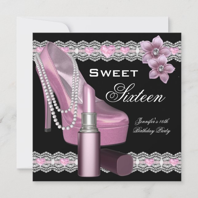 Invitación Labial de Zapato Fiesta Dulces Dieciséis 16 Rosa N (Anverso)