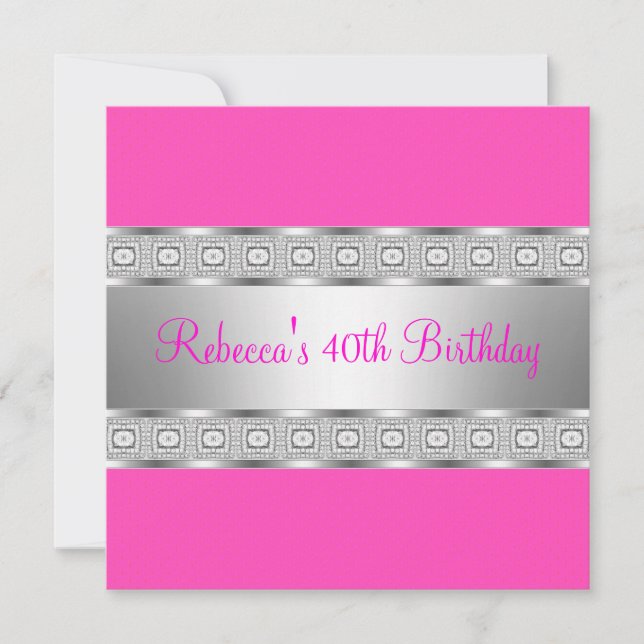 Invitación Labial Elegante Rosa Joya Plateada Cumpleaños 40 (Anverso)