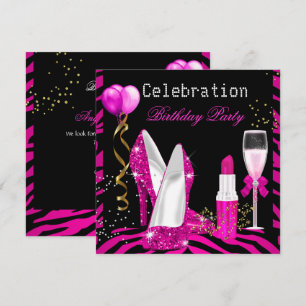 Invitación Labial Glitter Rosa Caliente Fiesta de Cumpleaños