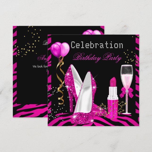 Invitación Labial Glitter Rosa Caliente Fiesta de Cumpleaños  (Anverso / Reverso)