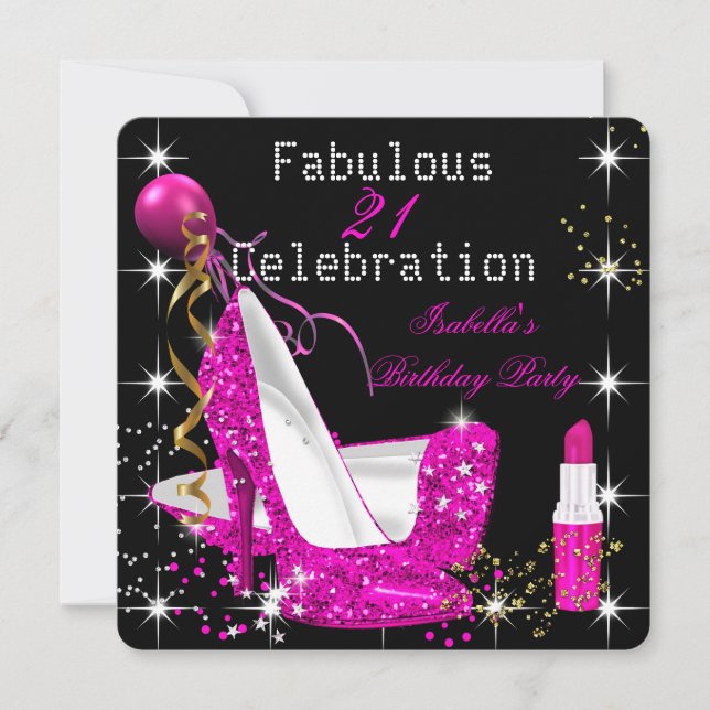 Invitación Labial Rosa Brillante Tacones Altos Cumpleaños (Anverso)