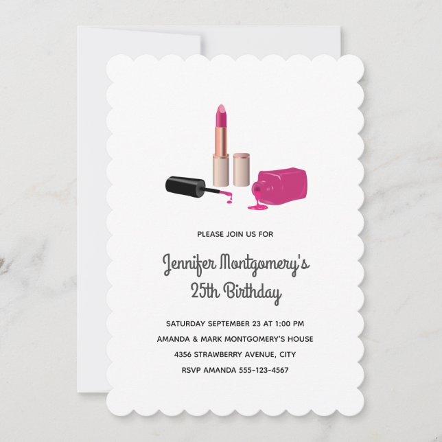 Invitación Labial y esmalte de uñas Pink Glam Cumpleaños de b (Anverso)