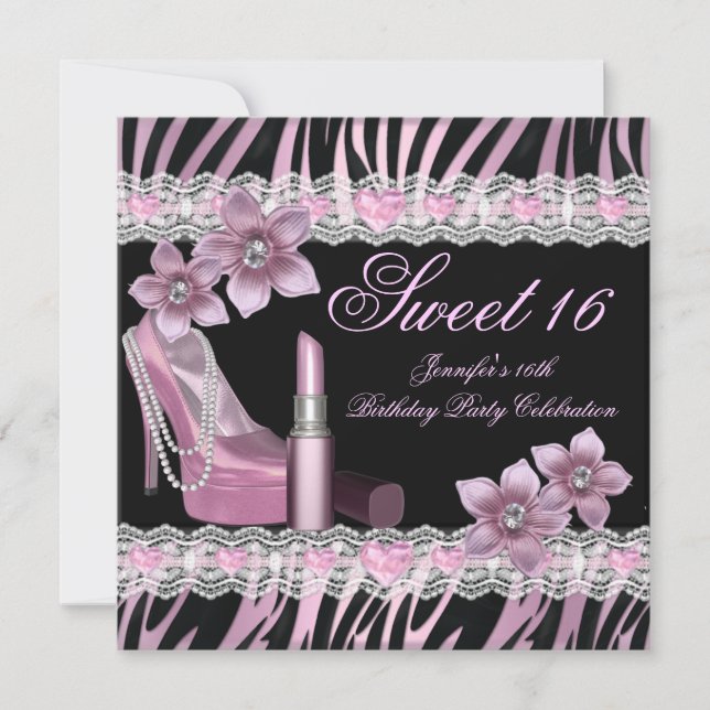 Invitación Labial Zebra Rosa Negro Dulces Dieciséis 16 Fiesta (Anverso)