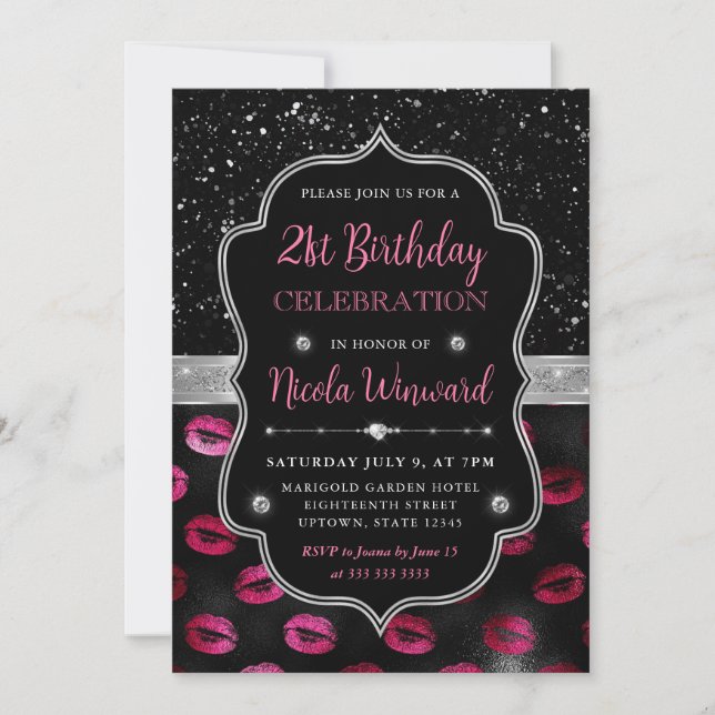 Invitación Labios con brillo rosa y negro Cumpleaños 21 (Anverso)