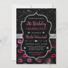 Invitación Labios con brillo rosa y negro Cumpleaños 21