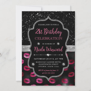 Invitación Labios con brillo rosa y negro Cumpleaños 21