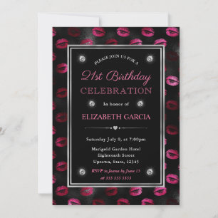 Invitación Labios con brillo rosa y negro Patrón Cumpleaños 2