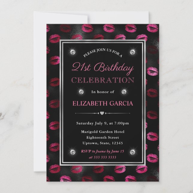 Invitación Labios con brillo rosa y negro Patrón Cumpleaños 2 (Anverso)
