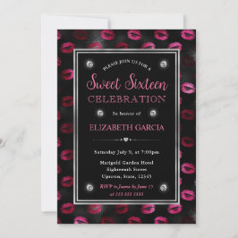 Invitación Labios con brillo rosa y negro Patrón Dulces Dieci
