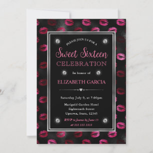 Invitación Labios con brillo rosa y negro Patrón Dulces Dieci