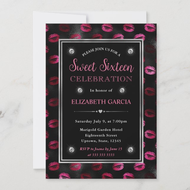 Invitación Labios con brillo rosa y negro Patrón Dulces Dieci (Anverso)