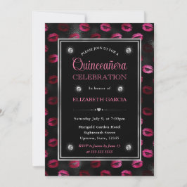 Invitación Labios con Brillo Rosa y Negro Patrón Quinceañera