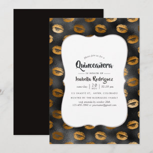 Invitación Labios con Patrón de Glamour Negro y Dorado para Q