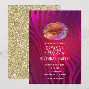 Invitación Labios de brillo dorado arcoíris cebra rosa calien