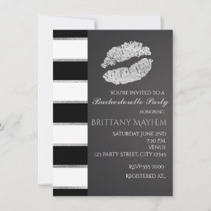 Invitación Labios de Brillo Falso Negro Blanco & Plata Beso F