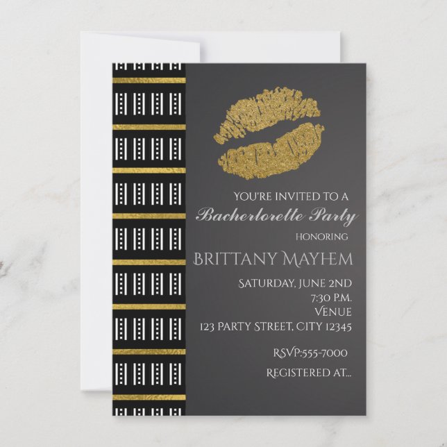 Invitación Labios de brillo falso negro blanco y dorado beso  (Anverso)