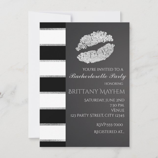 Invitación Labios de brillo falso negro blanco y plata Besos  (Anverso)