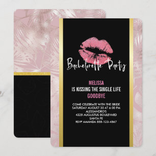 Invitación Labios de brillo rosa y hojas tropicales de oro ro