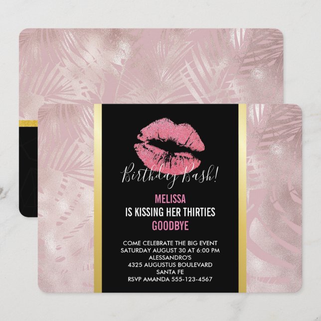 Invitación Labios de brillo rosa y hojas tropicales de oro ro (Anverso / Reverso)