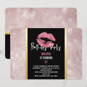 Invitación Labios de brillo rosa y hojas tropicales de oro ro