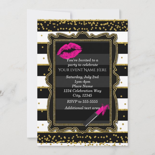 Invitación Labios de lápiz labial Confeti y Rayas Doradas Gla (Anverso)