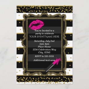 Invitación Labios de lápiz labial Confeti y Rayas Doradas Gla