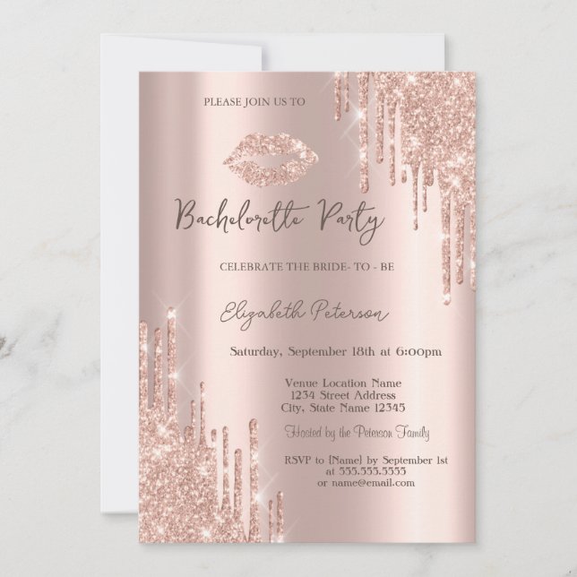 Invitación Labios de Rosa Drips Glitter Fiesta de Despedida d (Anverso)