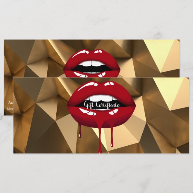 Invitación Labios Rojo Dorado Goteando Certificado de Regalo  (Anverso / Reverso)